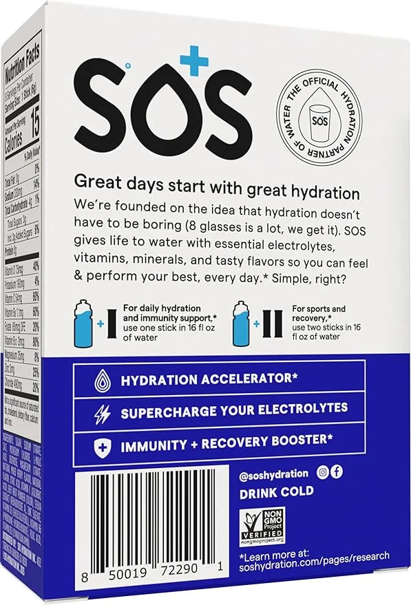 SOS Hydration Electrolyte Powder Packets, Mixed Berry Flavor, 8 Stick Packs – Low-Calorie, Rapid Rehydration, Made in USA,...