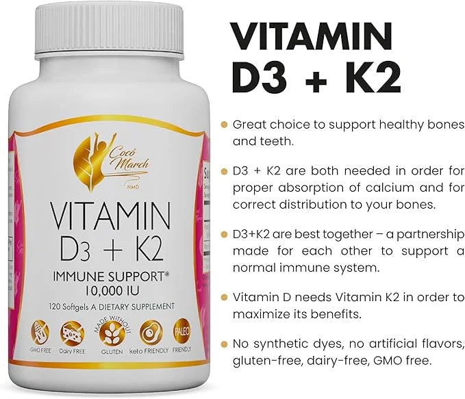 Coco March Vitamin D3+K2 10,000 IU 4 Month 250 mcg D3-180 mcg K2