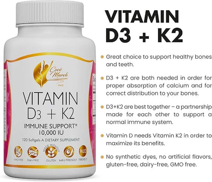 Coco March Vitamin D3+K2 10,000 IU 4 Month 250 mcg D3-180 mcg K2