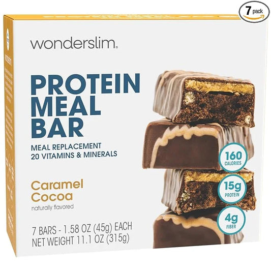 WonderSlim Meal Replacement Protein Bar, Caramel Cocoa, 15g Protein, 20 Vitamins & Minerals, Gluten Free (7ct) - Product I...