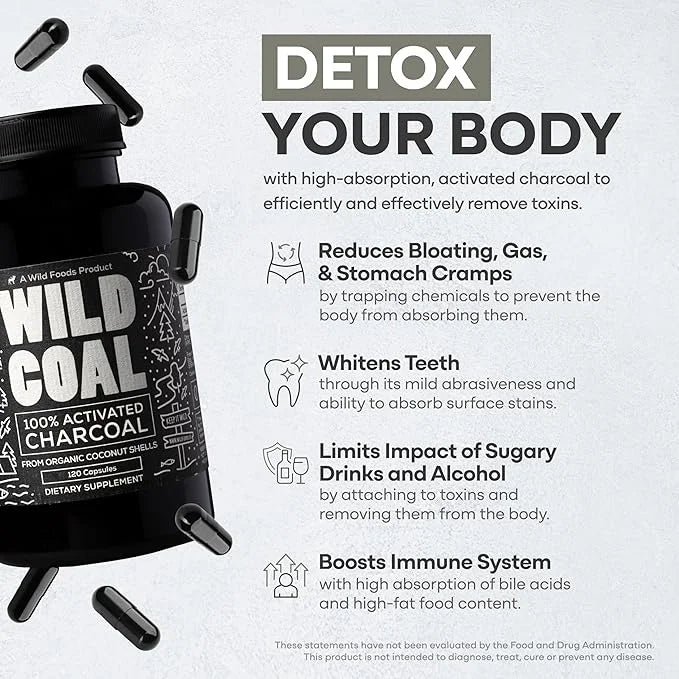 Wild Foods Activated Charcoal Capsules | 100% Organic Coconut Shells Active Tablets for Bloating & Hangover | Lab Tested &...