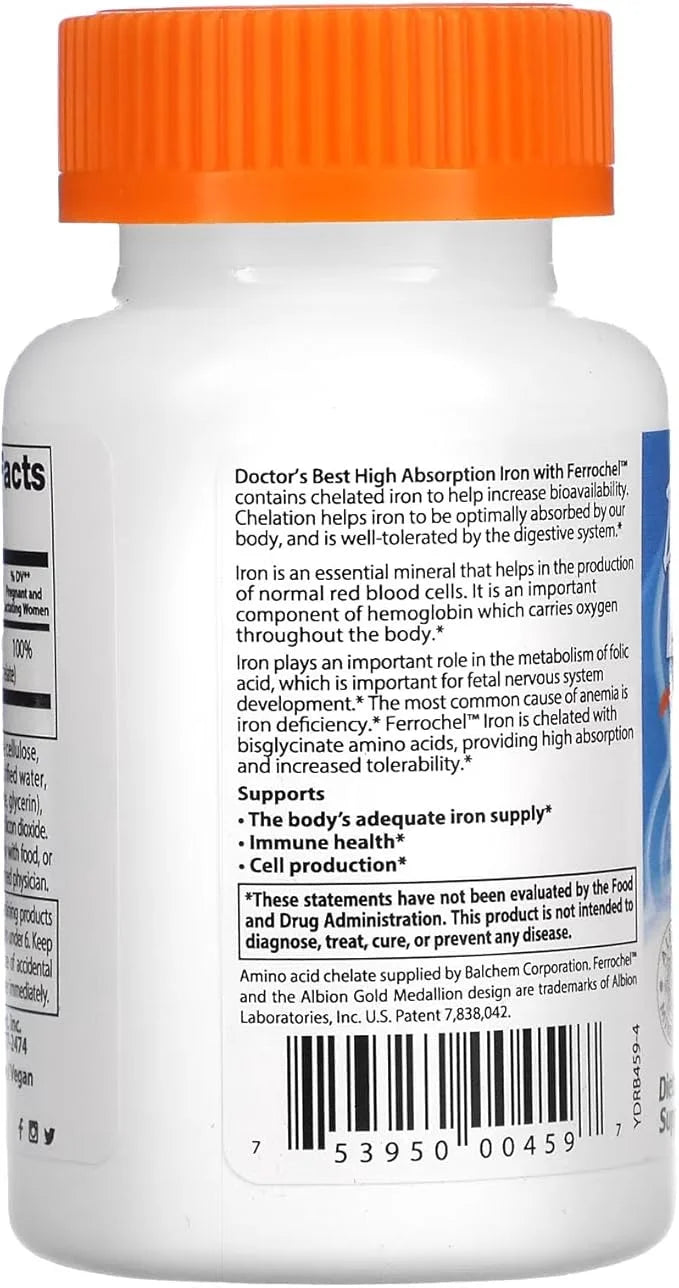 Doctor's Best High Absorption Iron Tablet with Ferrochel, Gentle on The Stomach, Immune Health, Blood Health, 27 mg - Prod...