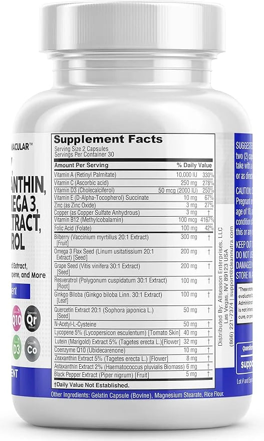 Eye Health Vitamins with Bilberry 6000mg 40mg Lycopene 40mg Resveratrol 3000mg Grape 6000mg Omega 3 4000mg 4000mg Astaxant...
