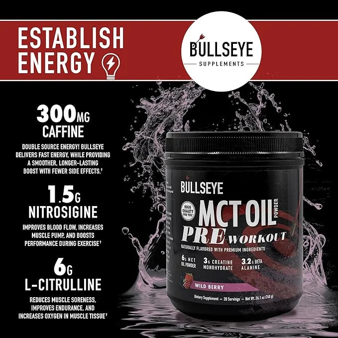 Bullseye MCT Oil Pre Workout Supplement - Creatine Monohydrate, Medium Chain Triglycerides, Beta Alanine, Caffeine, L-Citr...