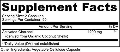 Activated Coconut Charcoal 1200mg, 180 Capsules - Pills for Digestive System, Bloating, Vegan (1bottle) - Product Image