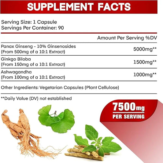 Korean Red Panax Ginseng 7500mg Highest 90 Vegan