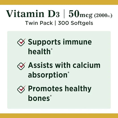 Nature's Bounty Vitamin D3, Vitamin Supplement, 50mcg, 2000IU,150 2000IU,150 Count 2)