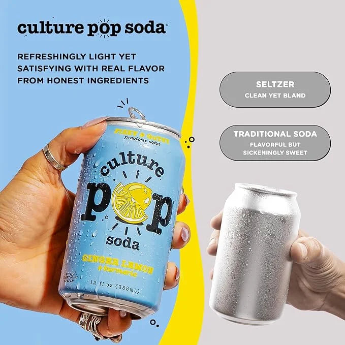 Culture Pop Soda, Ginger Lemon & Turmeric, Probiotic Low Sugar Soda, Sparkling Juice Alternative, Non-GMO, Kosher, Gluten-...