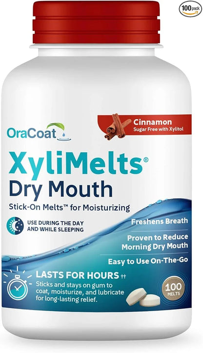 OraCoat XyliMelts Dry Mouth Relief Moisturizing Stick-On-Melts with Xylitol, 100 Count, Cinnamon, Helps Stimulate Saliva f...