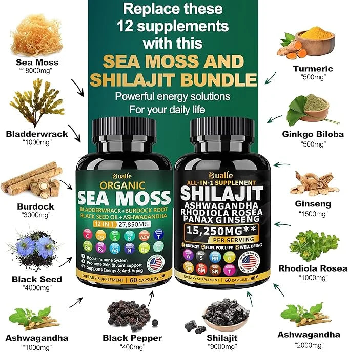 Sea Moss and Shilajit Bundle 60 Count 18000mg, Black 4000mg, Ashwagandha 1000mg, Ginger 9000mg, Rhodiola 1000mg, All 1 Sup...