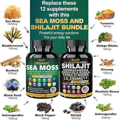 Sea Moss and Shilajit Bundle 60 Count 18000mg, Black 4000mg, Ashwagandha 1000mg, Ginger 9000mg, Rhodiola 1000mg, All 1 Sup...