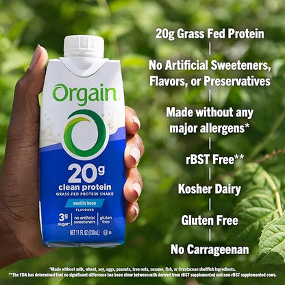 Orgain Clean Protein Shake, Grass Fed Dairy, Vanilla Bean - 20g Whey High Protein, Kosher, Ready to Drink, Low Net Carbs, ...