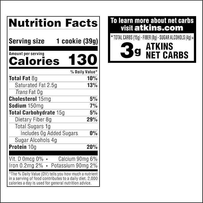 Atkins Peanut Butter Protein Cookie, Protein Dessert, Rich in Fiber, 3g Net Carb, 1g Sugar, Keto Friendly, 4 Count - Produ...