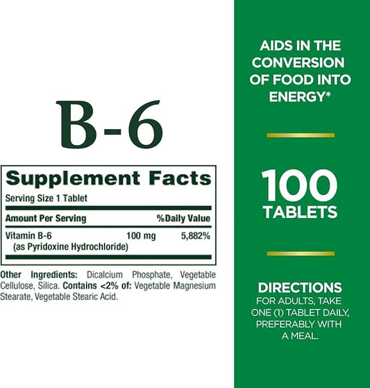 Nature's Bounty Vitamin B6, Supports Energy 100mg, Tablets, 100 Ct