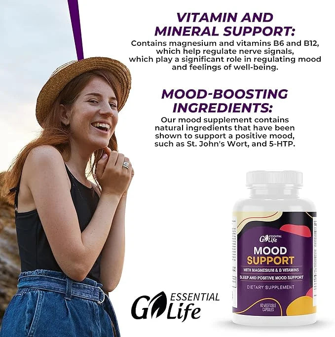 Mood Support Supplement 5-HTP, Vitamin B6-B12, and 60 Capsules