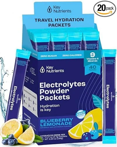 KEY NUTRIENTS Multivitamin Electrolytes Powder Packets - Delicious Blueberry Lemonade 40 Pack Hydration Packets - Travel H...
