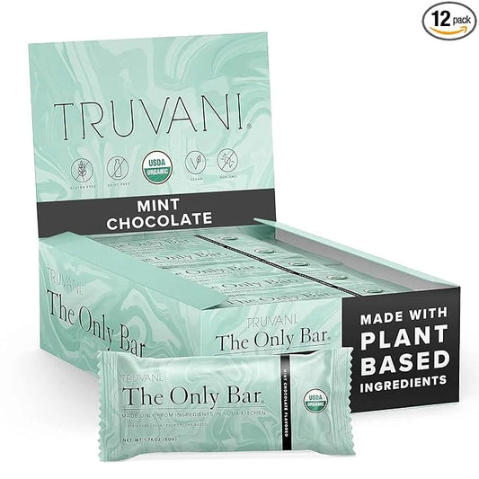 Truvani Plant Based Snack Bars | Chocolate Mint 12 Pack | 7g Protein | USDA Organic and Vegan | The Only Bar | Dairy, Soy,...