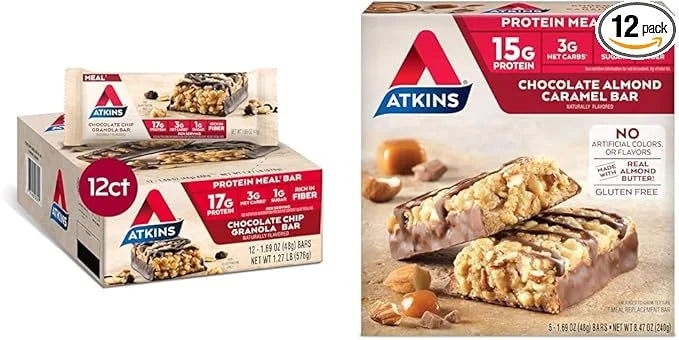 Atkins Chocolate Chip Granola Protein Meal Bar, High Fiber, 17g Protein, 12 Count and Chocolate Almond Caramel Bar, Keto-F...