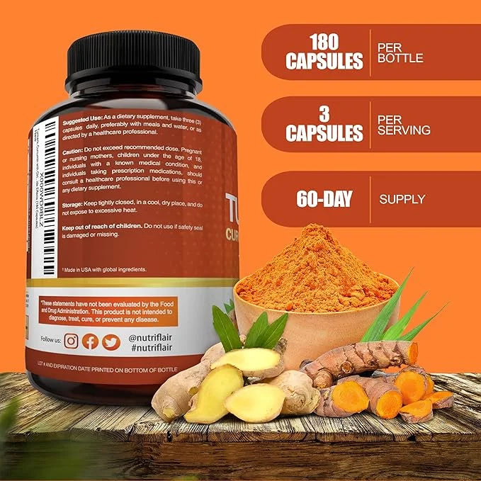 NutriFlair Turmeric Curcumin with Ginger and 180 Capsules 95% Curcuminoids