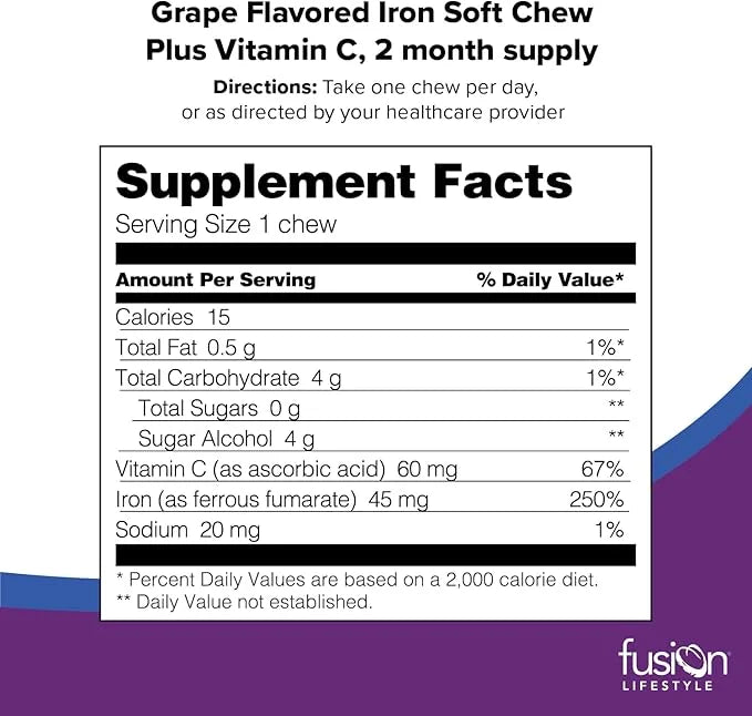 Iron Supplement for Women and Men, Grape Flavored Iron Soft Chew Plus Vitamin C for Iron Deficiency and Anemia, 2 Month Su...