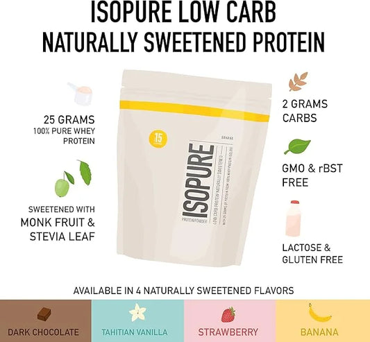 Isopure Low Carb 100% Pure Whey Isolate Protein Powder, Lactose Free, Gluten Free, With Vitamins, Dark Chocolate, 25g Prot...