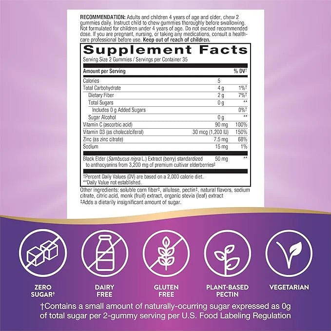 Nature’s Way Sambucus Zero Sugar Immune D3, Zinc, 70 Gummies