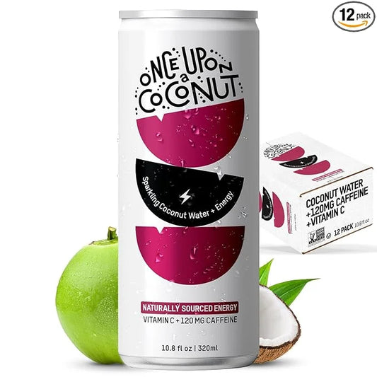 Once Upon a Coconut Sparkling Coconut Water + Caffeine | Electrolyte Drinks for Energy + Focus with Vitamin C - Pack of 12...