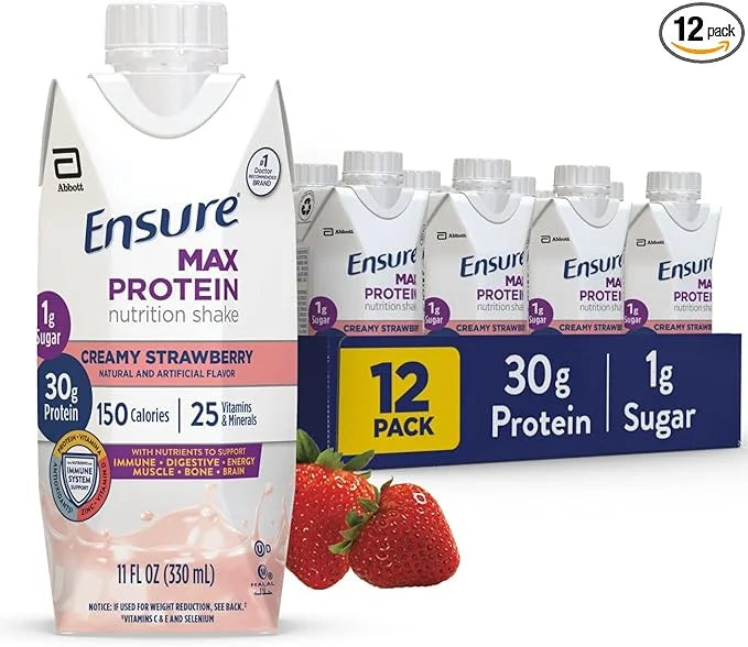 Ensure Max Protein Creamy Strawberry Nutrition Shake | 30g Protein, 1g Sugar, 4g Fiber Blend | 12 Pack - Product Image