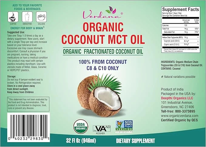 Verdana USDA Certified Organic Coconut MCT Oil –Fractionated Coconut Oil – No Palm Kernel Used – Kosher, Food Grade, Non-G...