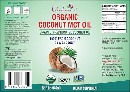 Verdana USDA Certified Organic Coconut MCT Oil –Fractionated Coconut Oil – No Palm Kernel Used – Kosher, Food Grade, Non-G...