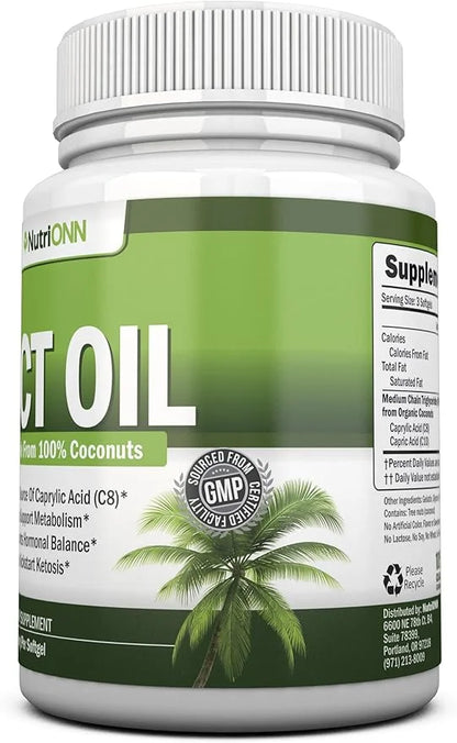 MCT Oil - 3000mg Per Serving - 180 Softgels - Made from 100% Organic Coconuts - Non GMO, Cold Pressed, Paleo Friendly Caps...