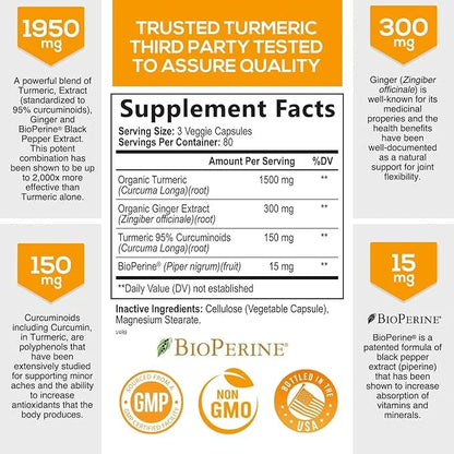 Turmeric Curcumin with BioPerine & Ginger 95% Curcuminoids 1950mg - 240 Capsules