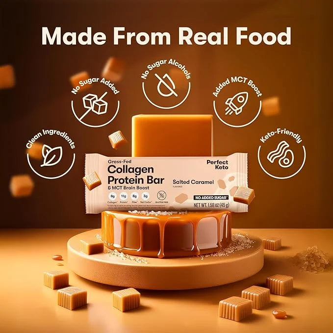 Perfect Keto Collagen Protein Bar, Gluten Free with Grass Fed Collagen + MCT Oil, Low Carb, No Sugar Added, High Protein S...