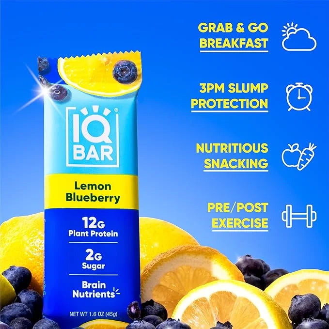 IQBAR Brain and Body Plant Protein Bars - Lemon Blueberry - 36-Count Low Carb - Gluten Free, High Fiber, Vegan Snacks - Lo...
