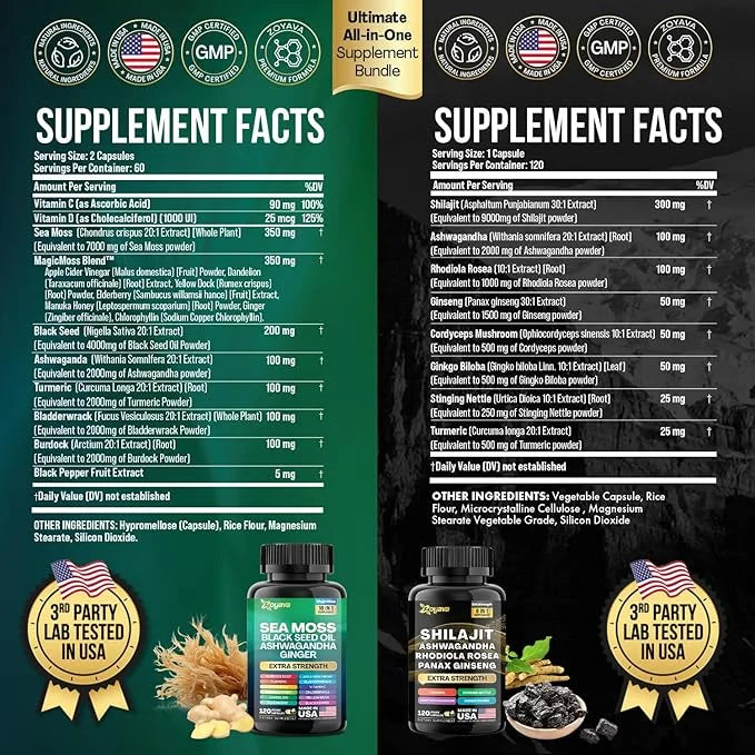 Zoyava Dynamic Vitality Bundle, Sea Moss 7000mg, Black 4000mg, Ashwagandha 2000mg, Ginger 9000mg, Rhodiola 1000mg, Panax (...