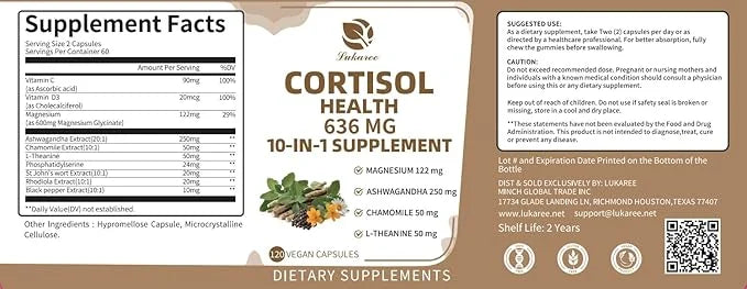 10-in-1 Cortisol Supplements with Magnesium, Ashwagandha, Chamomile, L-Theanine, Phosphatidylserine, St. John's Wort, Rhod...