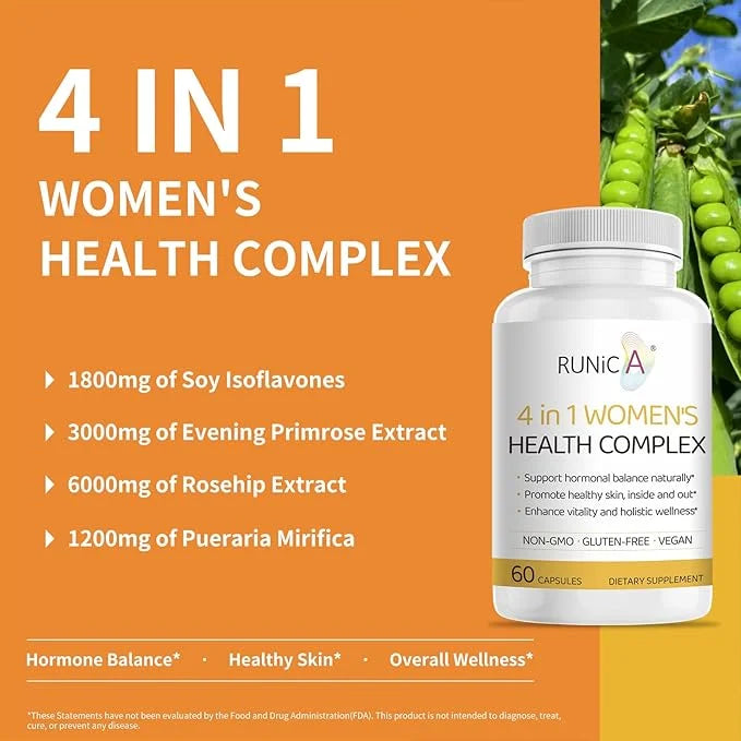 4-in-1 Women's Health Complex, Supports Hormone Balance, Skin Health & Vitality - with Rosehip, Evening Primrose, Soy Isof...