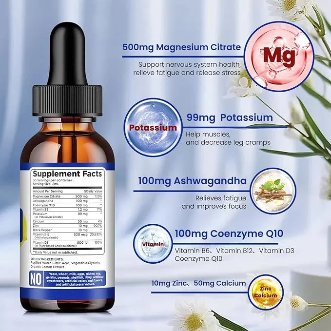 Potassium Magnesium Citrate Supplement, Liquid Magnesium Citrate Drops 500mg with Ashwagandha, Calcium, Zinc, Vitamin D3, ...