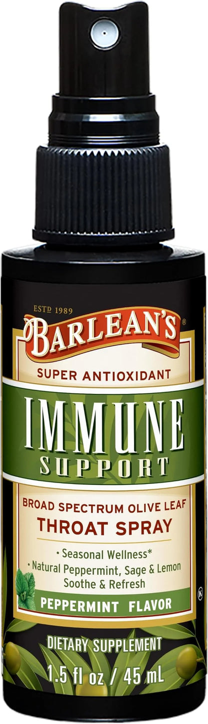 Barlean's Olive Leaf Complex Throat Spray with Peppermint, Lemon, and Sage for Itchy Throat Relief, Immune Support Supplem...