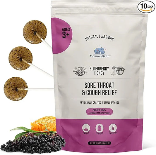 MommaBear Organics Handcrafted Kids Cough Lollipops – Natural Sore Throat Relief & Cough Drop Suckers for Kids 3+ – Elderb...