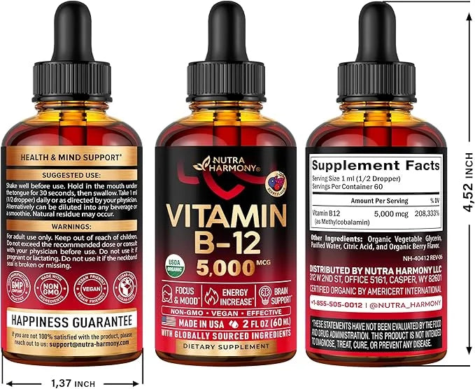 USDA Organic Vitamin B12 Sublingual Drops 5000 mcg 2 Month 2 fl