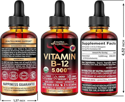 USDA Organic Vitamin B12 Sublingual Drops 5000 mcg 2 Month 2 fl