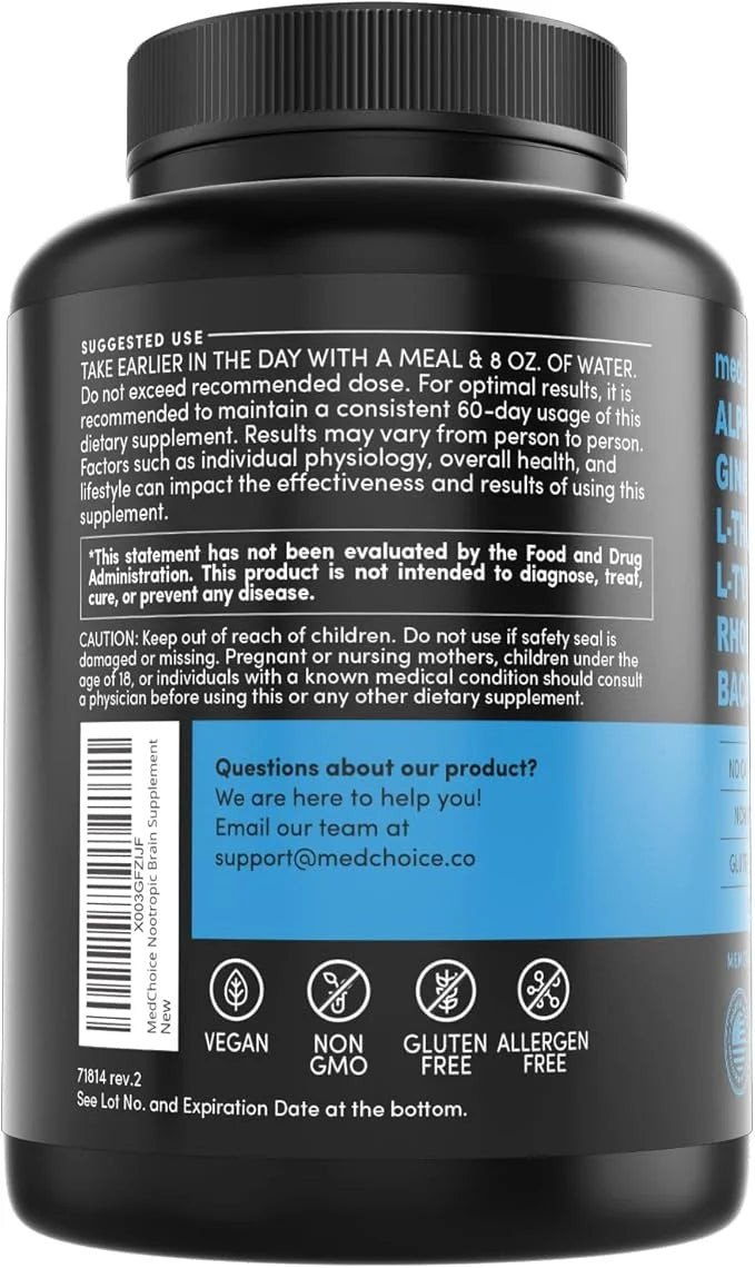 12-in-1 Nootropic Brain Supplement Anhydrous: Ginkgo Biloba for Brain Support, Memory and Focus - B12, Alpha GPC, L Theani...