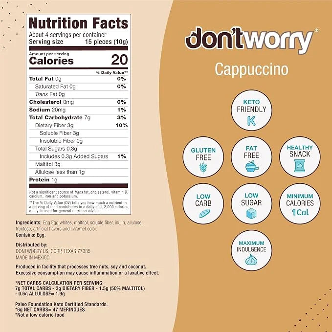 Don't Worry Meringue Cookies Keto Friendly - Cappucino & Cookies and Cream, Only 1 Calorie per piece!, Healthy Candy, Glut...