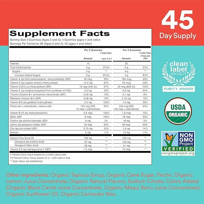 SmartyPants Organic Kids & Toddler Multivitamin 3 (ALA), D3, C, B12, B6, B6, Vitamin K2 & 180 Count