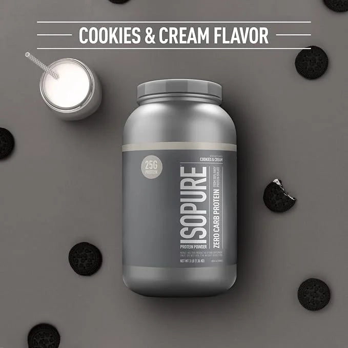 Isopure Zero Carb 100% Pure Whey Isolate Protein Powder, Lactose Free, Gluten Free, With Vitamins, Cookies & Cream, 25g Pr...