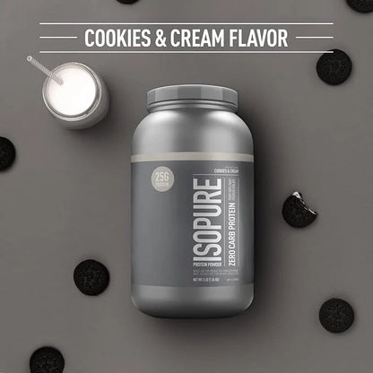 Isopure Zero Carb 100% Pure Whey Isolate Protein Powder, Lactose Free, Gluten Free, With Vitamins, Cookies & Cream, 25g Pr...