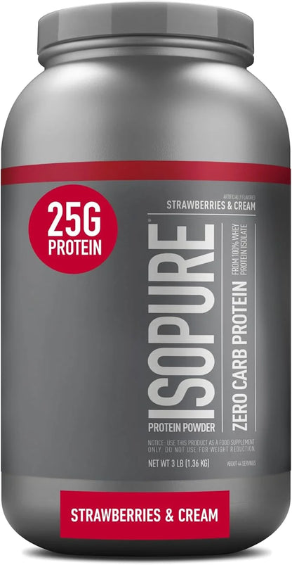Isopure Zero Carb 100% Pure Whey Isolate Protein Powder, Lactose Free, Gluten Free, With Vitamins, Strawberries & Cream, 2...