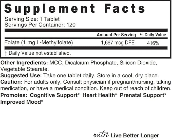 Nutri 5-MTHF L Methylfolate 1MG 4 Month 120 Vegan
