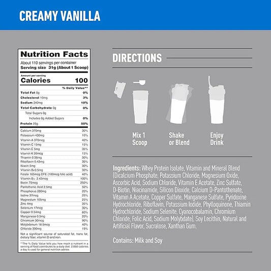 Isopure Zero Carb 100% Pure Whey Isolate Protein Powder, Lactose Free, Gluten Free, With Vitamins, Creamy Vanilla, 25g Pro...